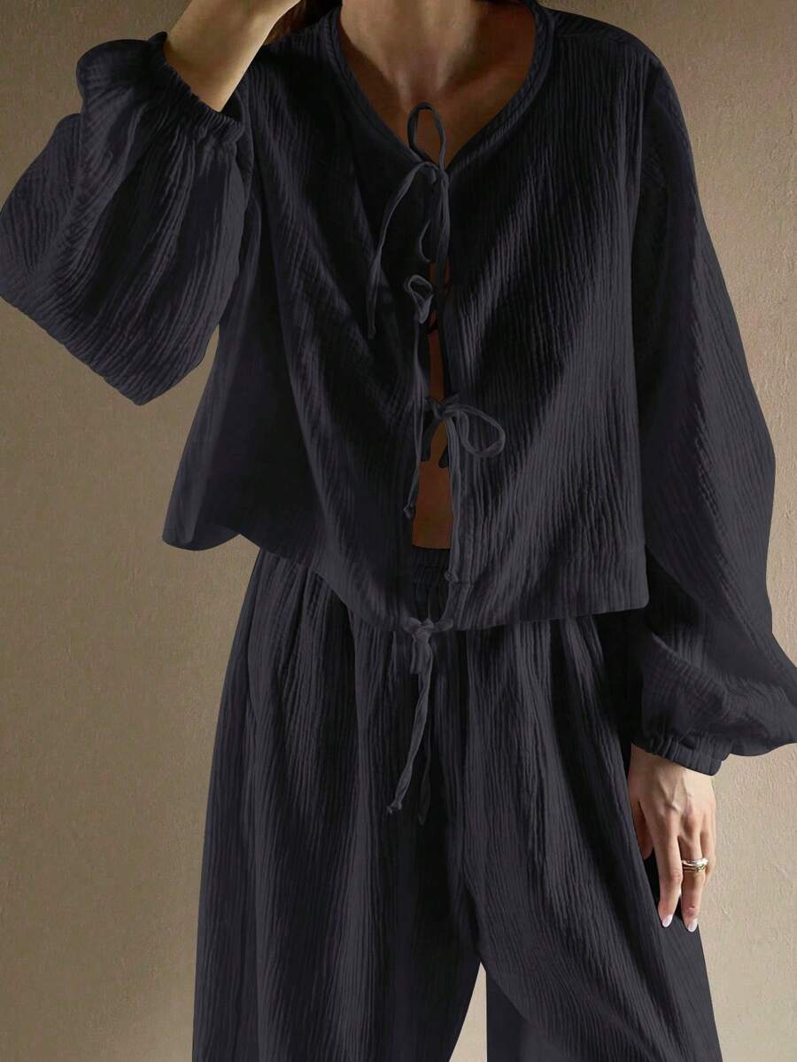 SHEIN LUNE Women's Loose Casual Long Sleeve Tied Shirt, Simple And Comfortable - Black - View 1