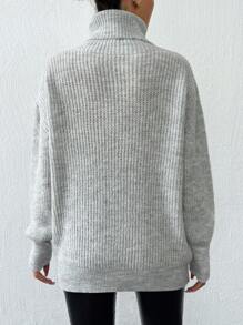 EURMUSE Maglione semplice a collo alto a tinta unita, maniche lunghe, per uso casual - Grigio - Visualizzare 2