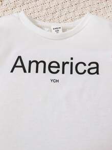 2pcs Young Girls' Casual Letter Print Round Neck Short Sleeve Top And Khaki Suspender Shorts Set - Multicolor - View 4