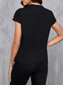 SHEIN Clasi 女士拼色缺口领短袖衬衫、短袖上衣 - 紅色 - 查看 2