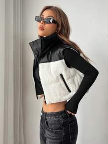 Muchica 秋冬PU毛绒拼布绗缝无袖背心