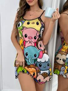 Cute Cartoon Print Camisole Nightgown Babydoll Holiday Season