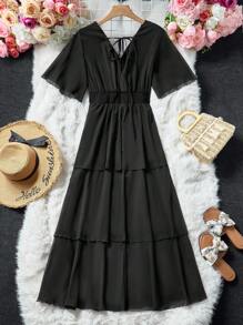 Celure Plus Size Women's Solid Color Minimalist Daily Wear Romantic Layered Cake Dress