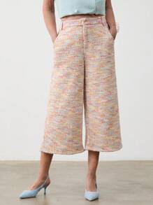 SHEIN LUNE بنطلون كابري نسائي فضفاض واسع الساق بجيوب وطباعة تعتيق - متعدد الألوان - مشاهدة 1