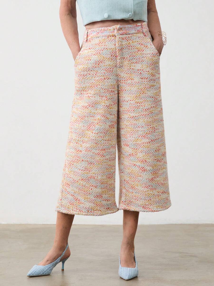 SHEIN LUNE بنطلون كابري نسائي فضفاض واسع الساق بجيوب وطباعة تعتيق - متعدد الألوان - مشاهدة 1