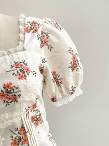 Soleia Camicia con maniche a sbuffo da donna con scollo quadrato, romantico bordo in pizzo e tessuto con texture vintage multicolore