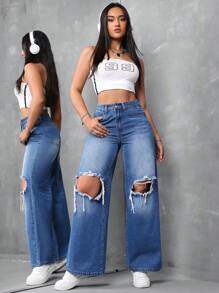 SHEIN EZwear Women Casual Distressed Straight Leg Jeans, Blue - Blue - View 5