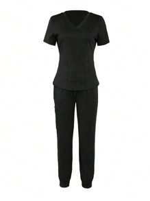 SHEIN Unity Casual Solid Color Short Sleeve Top & Pants Scrub Uniforms Set - Black - View 1