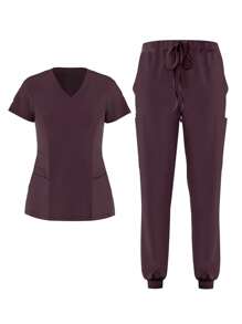 女士纯色简约护理服套装、短袖上衣和裤子护理套装 - 酒紅色 - 查看 1
