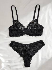 Seduluxe 2pcs Romantic Lace Sheer Sexy Lingerie Set - Black - View 2