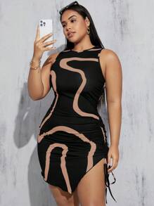 SHEIN Essnce Váy dây rút giảm béo vòng eo cỡ lớn mùa hè dành cho nữ,Váy bodycon Váy đường cong giản dị Váy mùa hè Váy mùa hè màu đen Váy đen trắng (Váy in bất đối xứng) - Màu Khaki - Xem 3