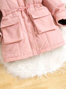 Tween Girls Furry Lined Hooded Cinched Waist Pockets  Parka Jacket, Winter - Pink - View 4