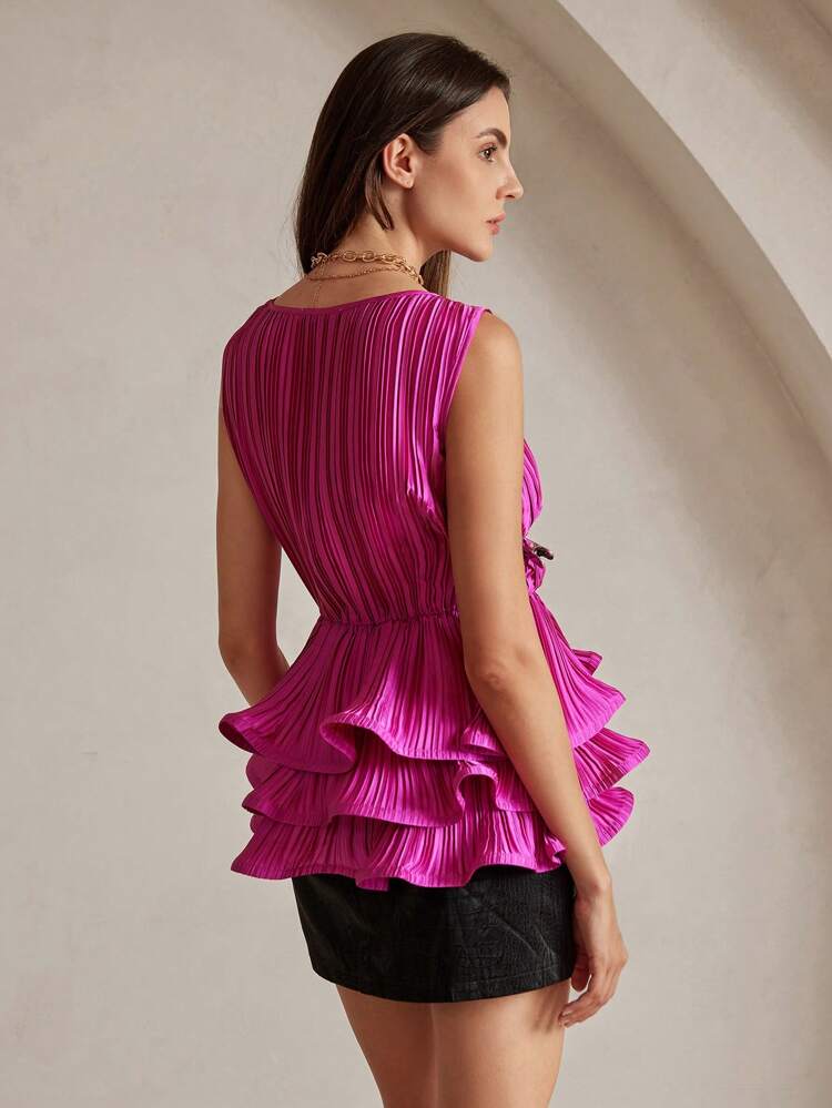 Women's Multi-Layer Ruffle V-Neck Sleeveless Blouse, Rose Red