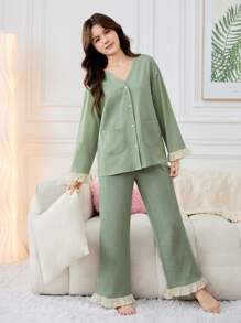 SHEIN 2pcs Teen Girls' Simple Fresh V-Neck Cardigan With Contrast Ruffle Cuff Decoration And Straight Leg Pants Loungewear Set - Green - View 3