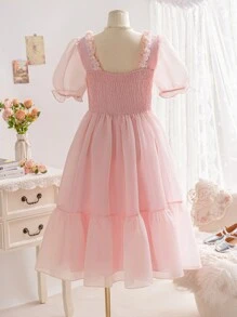 Soleia Plus Size Women's Holiday Pink Romantic Sheer Organza Puff Sleeve Dress With Ruffle Collar And Ruffle Hem A-Line - Pink - View 3