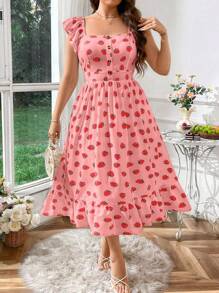 SHEIN SunnyBelle Plus Size Square Neck Ruffle Sleeve Strawberry Print Casual Dress - Multicolor - View 1