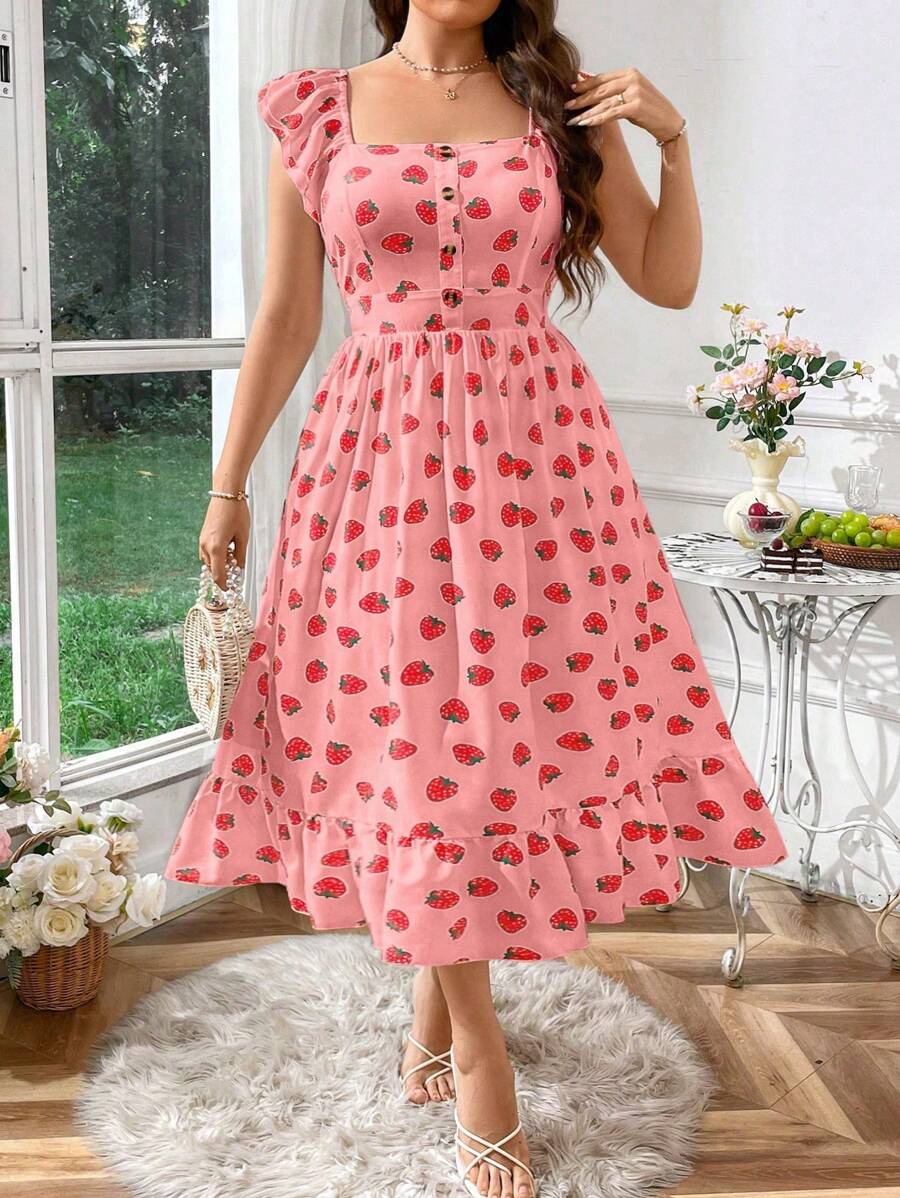 SHEIN SunnyBelle Plus Size Square Neck Ruffle Sleeve Strawberry Print Casual Dress - Multicolor - View 1