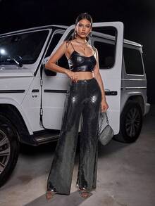 女士华丽黑色银色亮片弹力宽松直筒派对舞会裤 - 黑色 - 查看 5