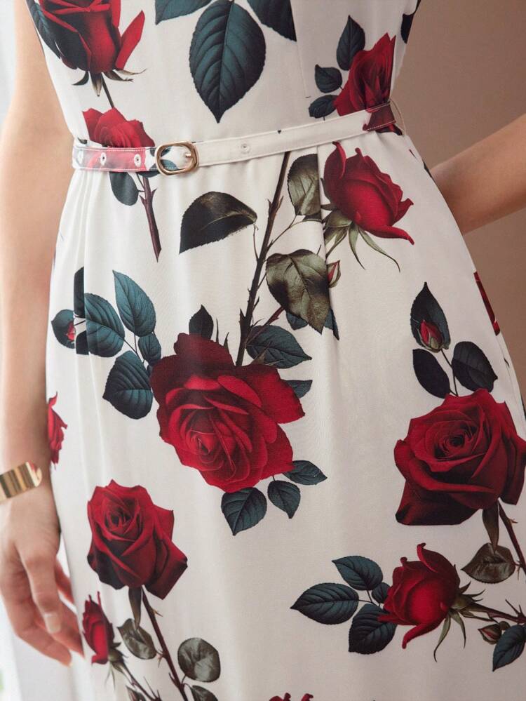 VESTIDO MIDI COM ESTAMPA FLORAL E BAINHA DE SEREIA COM CINTO