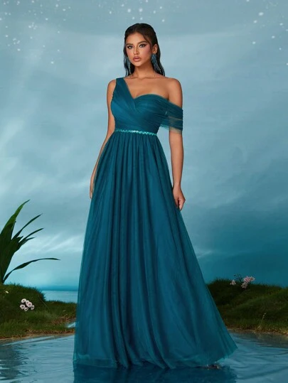 不对称亮片腰带网纱A字伴娘礼服，优雅春季婚礼礼服