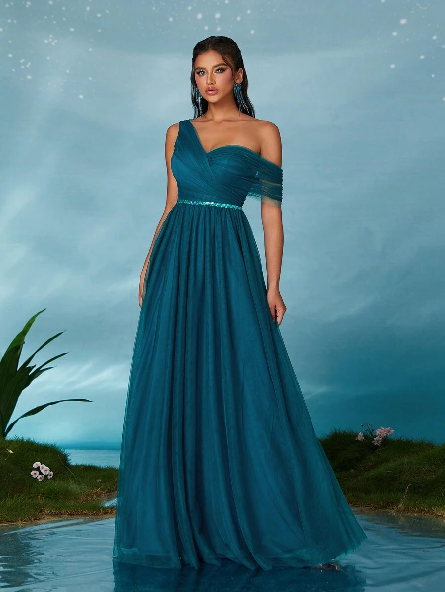 不对称亮片腰带网纱A字伴娘礼服，优雅春季婚礼礼服 - 水鴨藍 - 查看 1