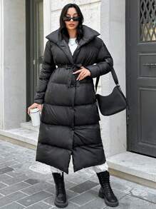 SHEIN Tall Tall Women's Slant Pockets Single Breasted Puffer Coat - Black - View 4