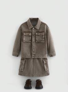 SHEIN Y2K Style Young Girl's Stone Washed Cargo Pocket Overshirt Jacket & Midi Dress Two-Piece Set - Khaki - View 1