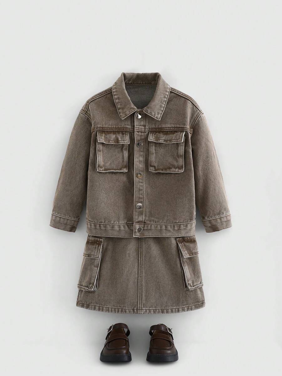 SHEIN Y2K Style Young Girl's Stone Washed Cargo Pocket Overshirt Jacket & Midi Dress Two-Piece Set - Khaki - View 1