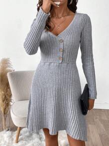 SHEIN LUNE Women's Single-Breasted Slim Fit V-Neck Long Sleeve Sweater Dress Fall Cloth For Women - Grey - View 6