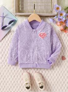 SHEIN Toddler Girls/ Young Girls' Purple Sequin Jacket Love Chapter Casual Fashion Suitable For Spring Autumn Winter