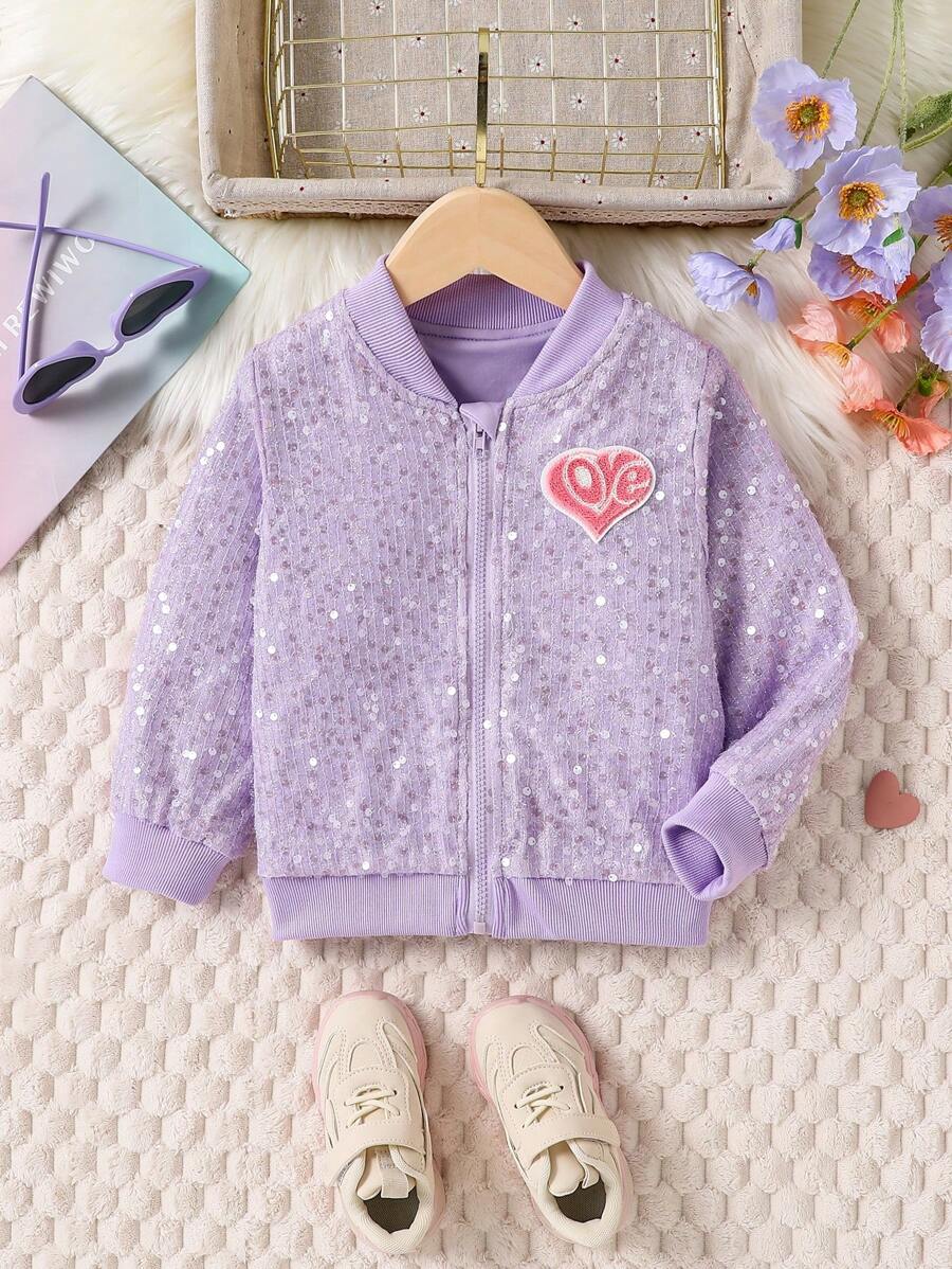 SHEIN Toddler Girls/ Young Girls' Purple Sequin Jacket Love Chapter Casual Fashion Suitable For Spring Autumn Winter