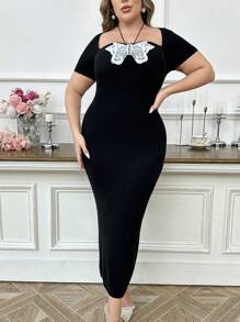 Modelyn Plus Size Elegant Short Sleeve Butterfly Floral Lace Trim Sweater Dress, Elegant Vintage Party, Long Sweater Dresses