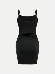 SHEIN Girlism Váy hai dây xếp nếp thường ngày cho bé gái Tween, dệt kim màu đen và xám, vừa vặn và thoải mái - Nhiều màu - Xem 4