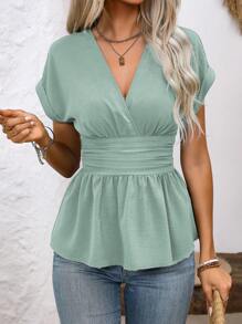 SHEIN Clasi 女士纯色 V 领褶饰蝙蝠翼休闲衬衫荷叶边上衣 - 薄荷綠 - 查看 1