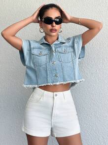 EURMUSE WOMEN SLEEVELESS CROP JACKET - Light Wash - View 6