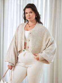 EURMUSE Plus Size Solid Color Button Up V-Neck Cardigan - Beige - View 4