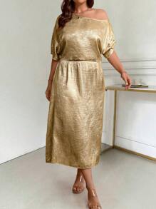 SHEIN Unity Ensemble de 2 pièces à la mode pour l'été: Haut à col asymétrique de couleur unie et longue jupe asymétrique pour femmes grandes tailles - Doré - Voir 7