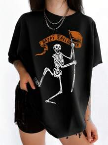 SHEIN LUNE Plus Size Skull English Text Print Crew Neck Short Sleeve T-Shirt, Summer