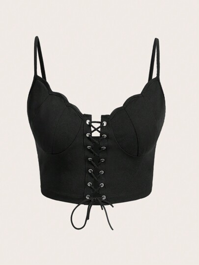 Plus Size Women's Eyelet Lace Up Cami Tank Top, School