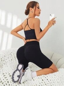 SHEIN Sports 女士细肩带露背纯色简约运动胸罩 - 黑色 - 查看 6