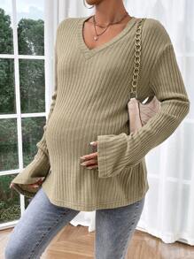 SHEIN Maternity Solid V-Neck Long Sleeve Ribbed Simple Casual Top - Army Green - View 3