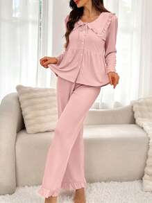 SHEIN Size-Coded Women's Plain Simple Long Sleeve Top & Long Pants Pajama Set For Daily Wear, Fall Winter Clothes - Dusty Pink - View 2