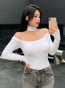 DAZY Jersey ajustado con hombros descubiertos para mujer, nueva llegada de otoño, top con hombros descubiertos - Blanco - Ver 2