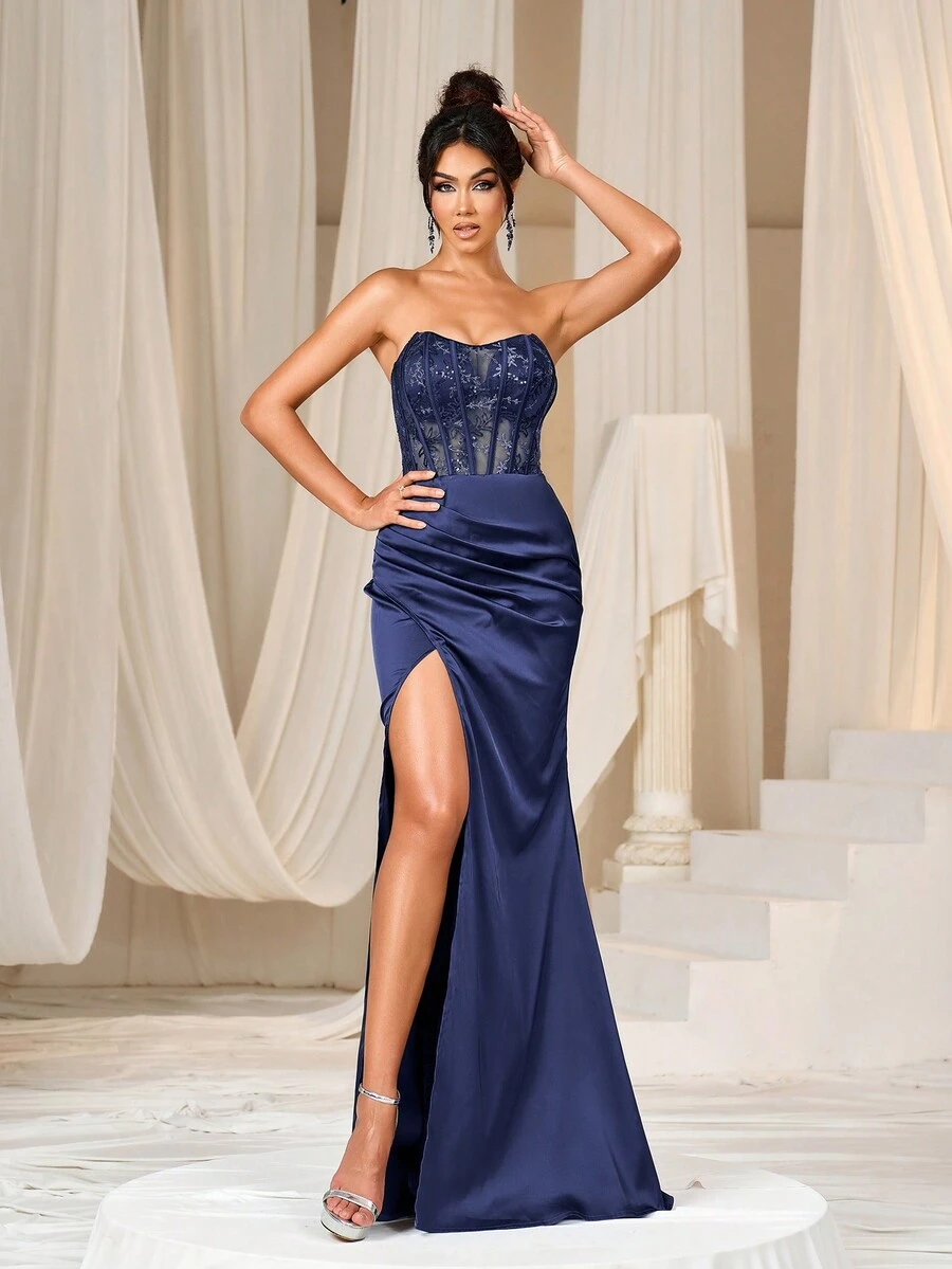 Faeriesty Đầm dạ hội dự tiệc, đầm dự tiệc sang trọng, xẻ cao, đuôi cá, phối lưới đính sequin, không lưng, thắt eo, chất liệu satin. - Màu xanh hải quân - Xem 1