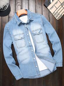 Manfinity Hypemode 1pc Men's Single-Breasted Casual Everyday Wear Long Sleeve Denim Shirt - Light Wash - View 1