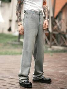 Manfinity Roghcode Y2K Vintage Streetwear Light Blue Distressed Wide Leg Baggy Jeans For Men - Light Wash - View 2