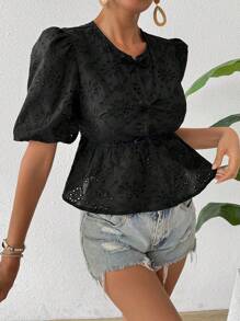 Breezaya Hollow-Out Jacquard Tie Front Puff Sleeve Blouse - Black - View 7