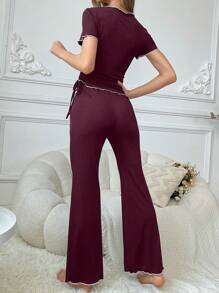 侧褶缺口 V 领短袖上衣和裤子连体裤套装 - 酒紅色 - 查看 2