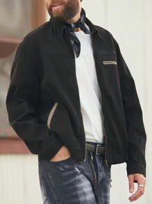 Manfinity Homme Giacca casual da uomo stile retrò in denim nero con blocchi di colore a forma di toro, modello bomber - nero - Visualizzare 3