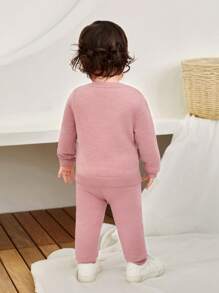 SHEIN 女婴可爱纯色针织毛衣配蝴蝶结装饰和松紧腰裤套装，秋冬季